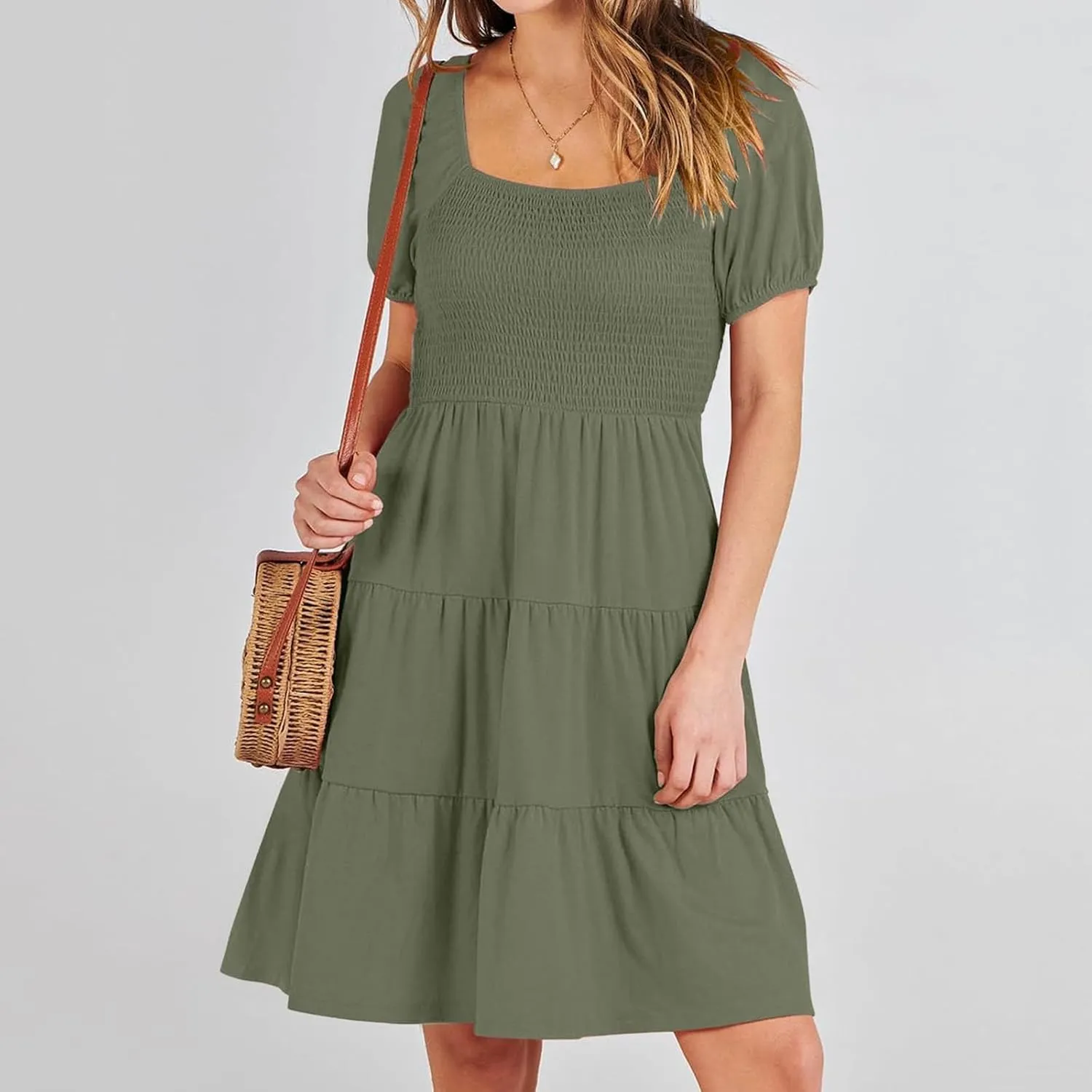 Women's Mini Dress Summer 2025 Square Neck Short Sleeve Knee Length Dresses Flowy Swing Shirring Babydoll Dress