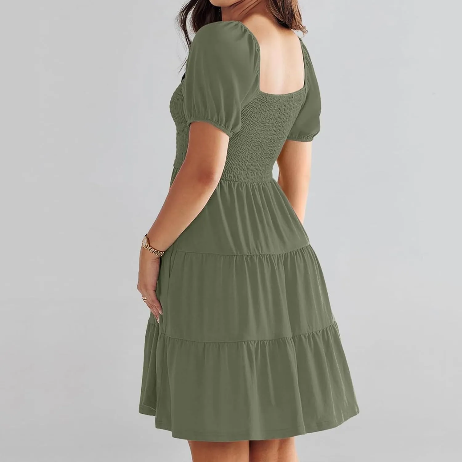 Women's Mini Dress Summer 2025 Square Neck Short Sleeve Knee Length Dresses Flowy Swing Shirring Babydoll Dress