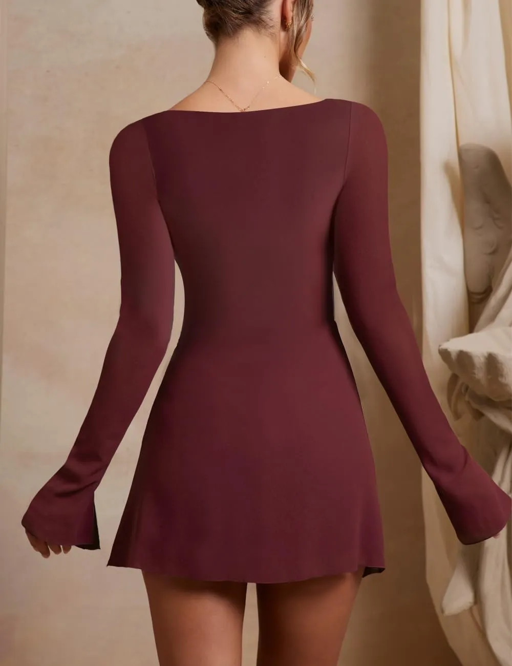 Womens Ruched Bodycon Dress Sexy Long Sleeve Square Neck Split Cocktail Party Club Mini Short Tight Dress