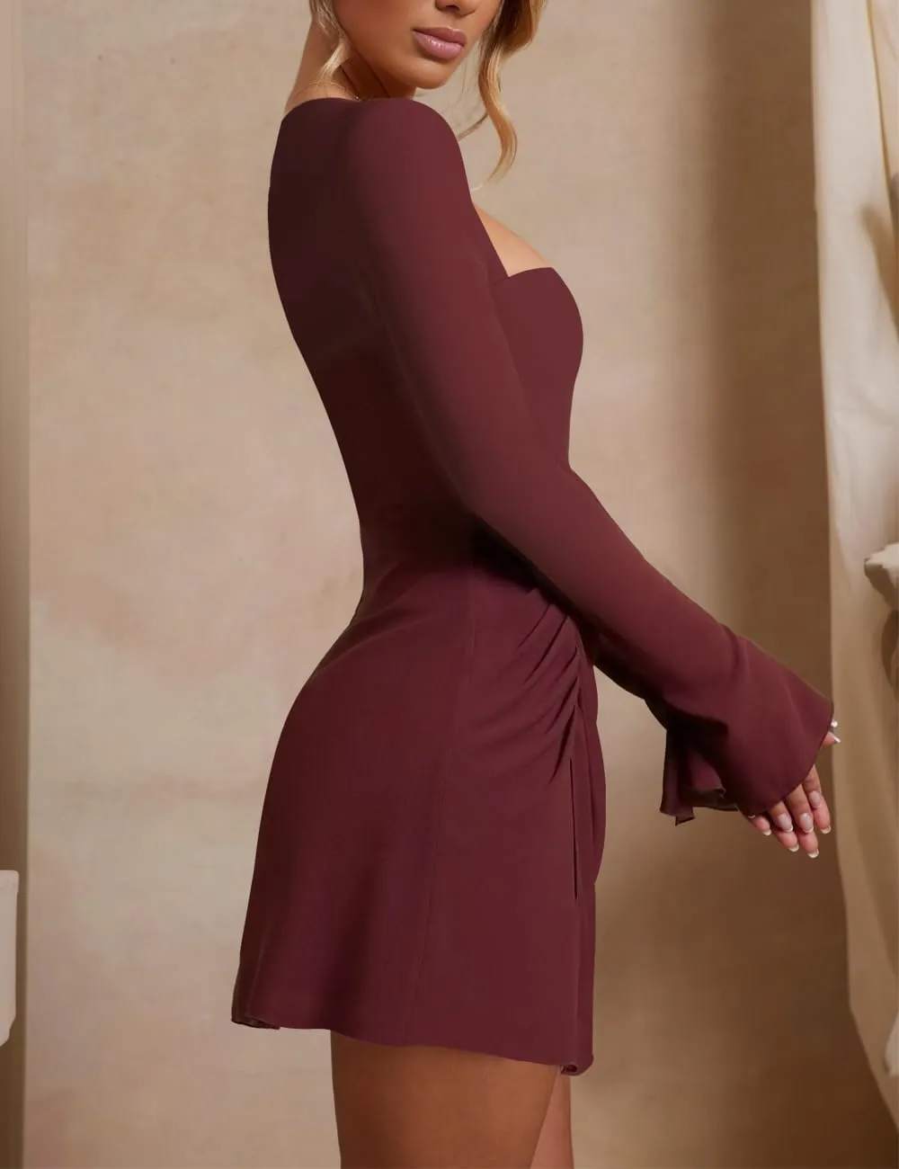 Womens Ruched Bodycon Dress Sexy Long Sleeve Square Neck Split Cocktail Party Club Mini Short Tight Dress