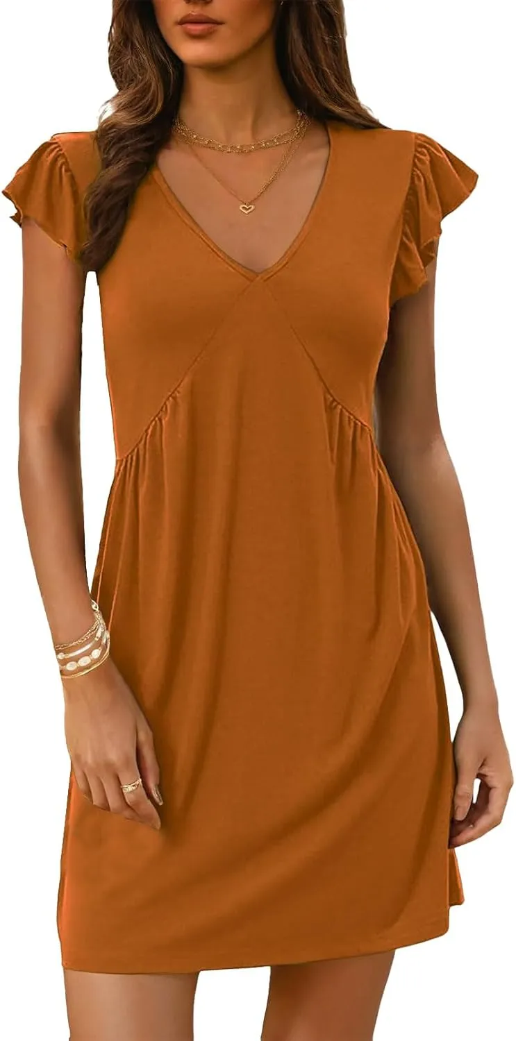Womens Summer Dresses 2025 Casual Deep V Neck Ruffle Sleeve Mini Dresses Trendy Loose Vacation Beach Sundress Clothes