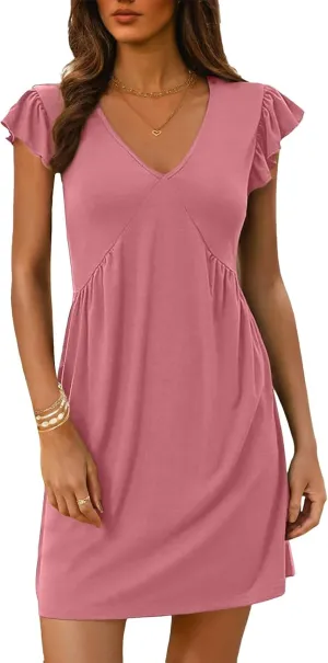 Womens Summer Dresses 2025 Casual Deep V Neck Ruffle Sleeve Mini Dresses Trendy Loose Vacation Beach Sundress Clothes
