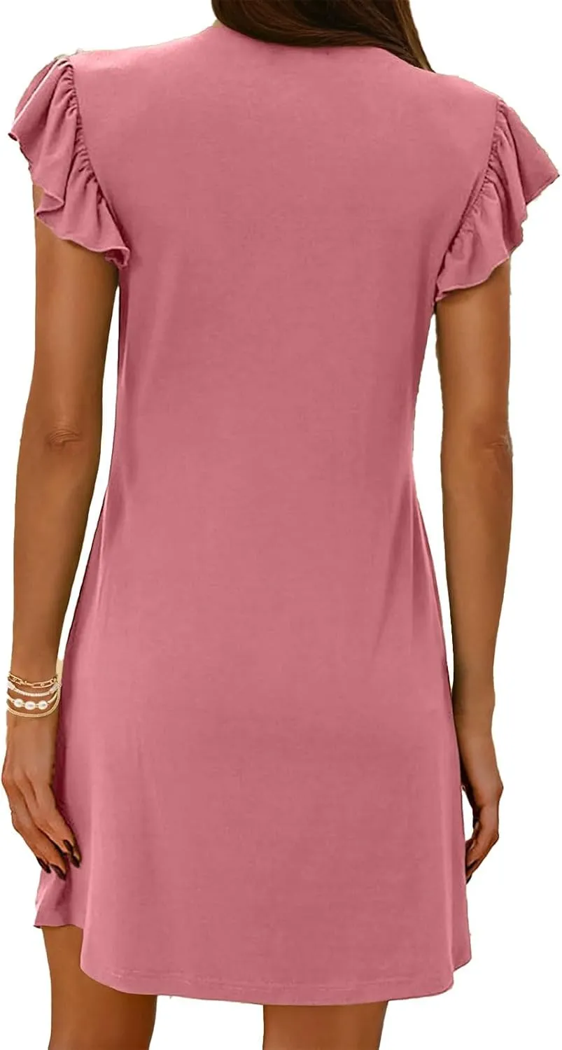 Womens Summer Dresses 2025 Casual Deep V Neck Ruffle Sleeve Mini Dresses Trendy Loose Vacation Beach Sundress Clothes