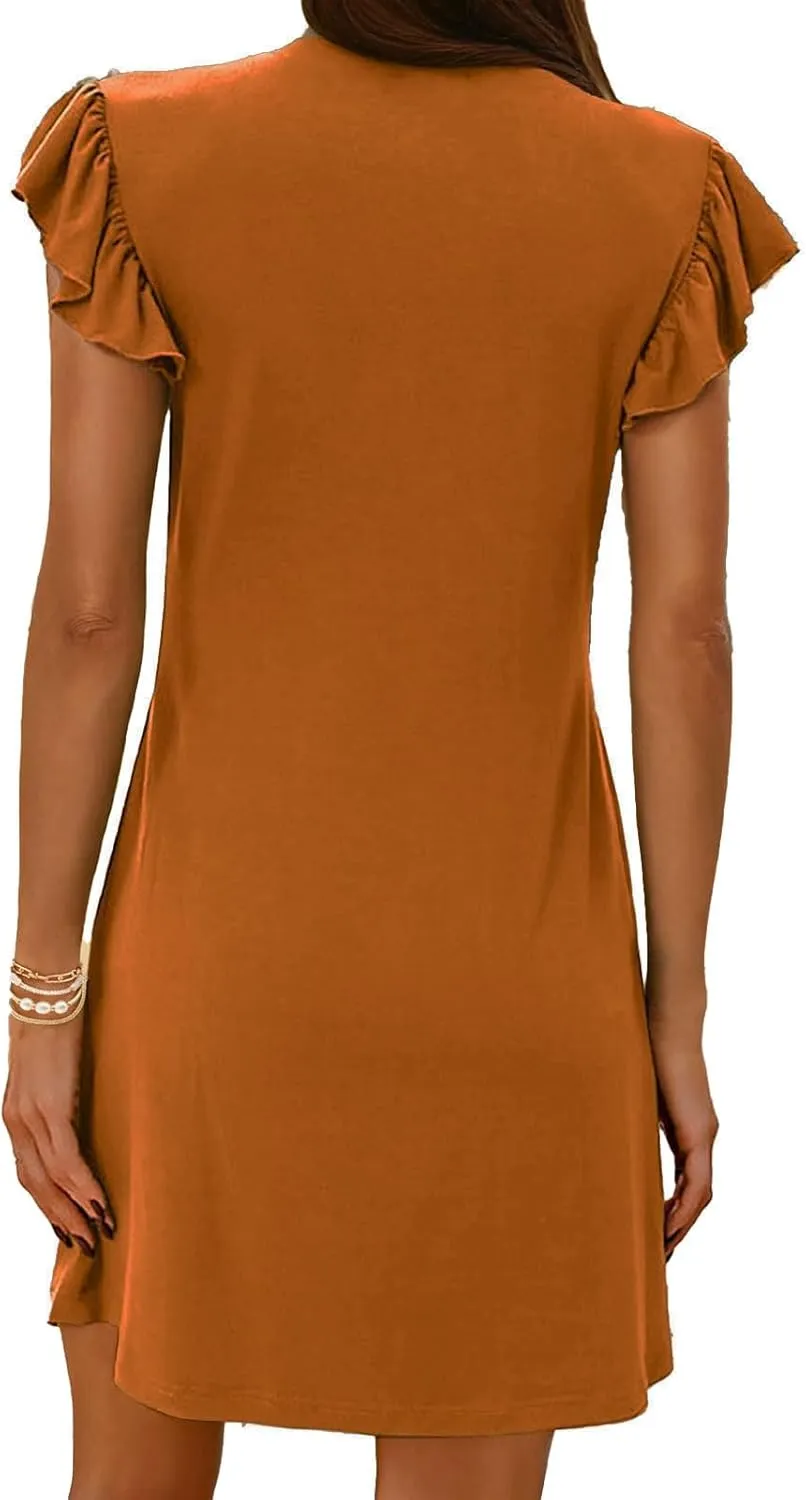 Womens Summer Dresses 2025 Casual Deep V Neck Ruffle Sleeve Mini Dresses Trendy Loose Vacation Beach Sundress Clothes